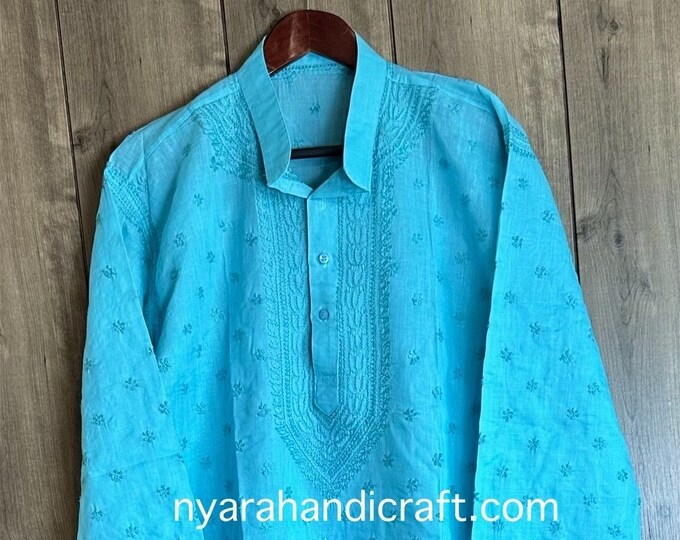 Men's Blue Cotton Chikankari Kurta / Hand Embroidered /Free Shipping in US