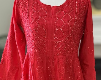 Red Lucknow Chikankari Pure Chanderi Silk Anarkali / Free Shipping in US