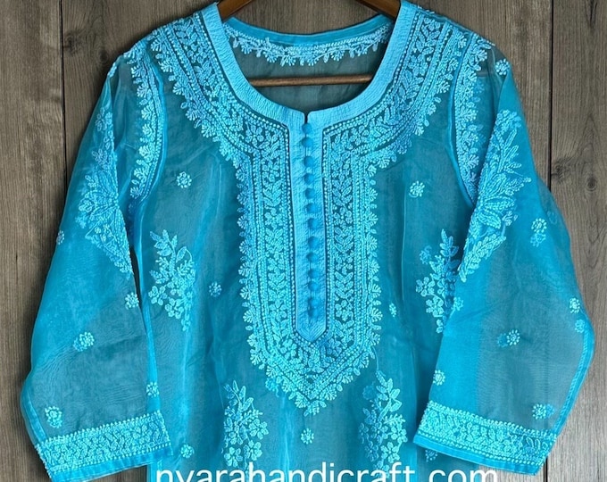 Lucknow Chikankari Blue  Kurta on Organza /Includes liner/Free Shipping