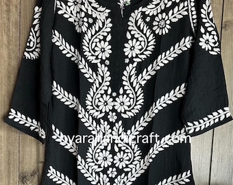 Black Chikankari Kurta Soft Modal Cotton / Hand embroidered/Free Shipping in US