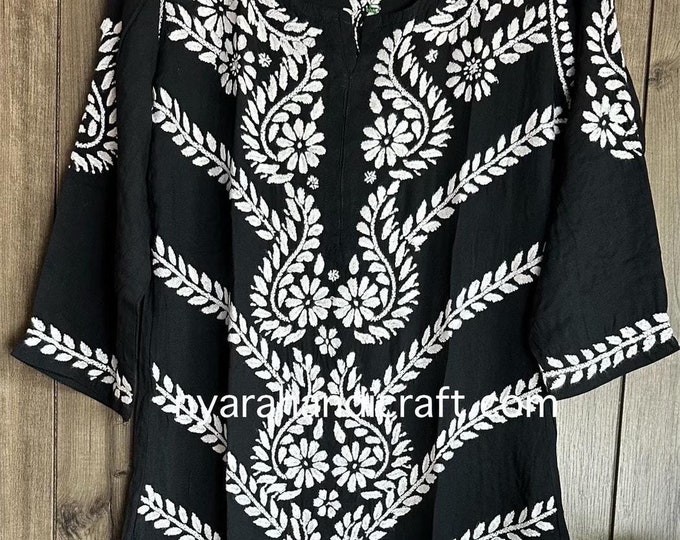 Black Chikankari Kurta Soft Modal Cotton / Hand embroidered/Free Shipping in US