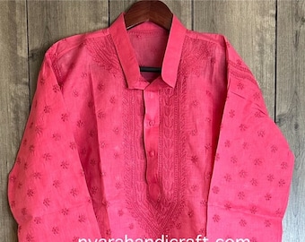 Men's Pink Red Cotton Chikankari Kurta / Hand Embroidered /Free Shipping in US