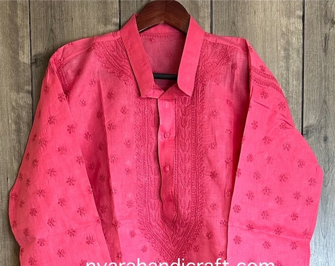 Men's Pink Red Cotton Chikankari Kurta / Hand Embroidered /Free Shipping in US