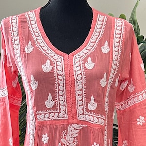 Ombre Coral Chikankari Kurta / Morbido puro cotone / Ricamato a mano / Spedizione gratuita negli Stati Uniti