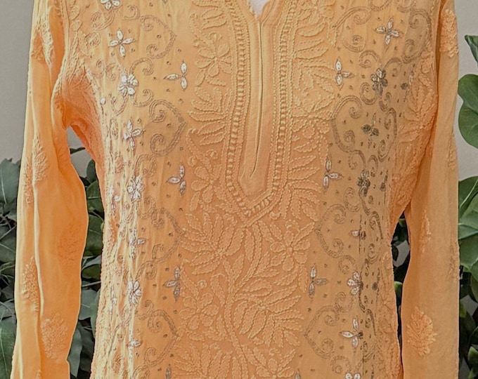 Lucknow Chikankari Kurta / Light Orange /liner included /Free Shipping in US