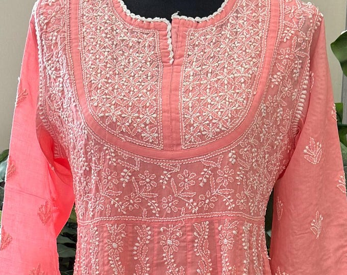 Dark Peach Chikankari Anarkali on Soft Cotton / Free Shipping in US