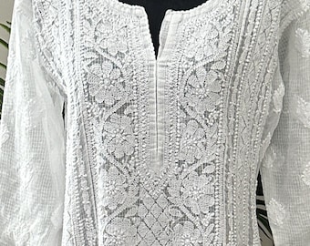 Lucknow Chikankari White Anarkali Kota Cotton / Hand Embroidered/FREE SHIPPING in US