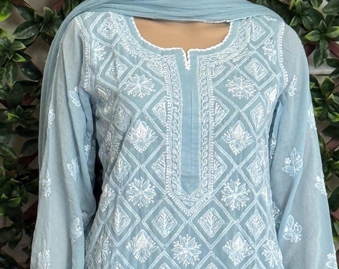 Blue Gray Chikankari Kurta with Cut-dana Add ons / Pants and Dupatta included /Free Shipping in US