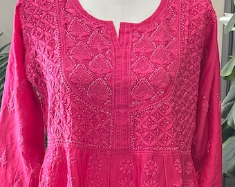 Hot Pink Lucknow Chikankari Pure Chanderi Silk Anarkali / Free Shipping in US