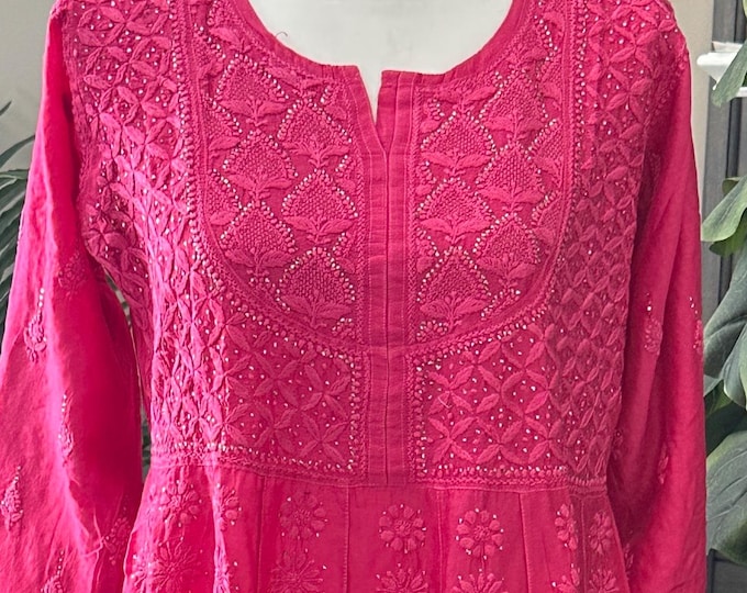 Hot Pink Lucknow Chikankari Pure Chanderi Silk Anarkali / Free Shipping in US