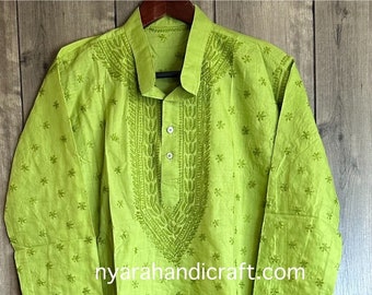 Men's Green Cotton Chikankari Kurta / Hand Embroidered /Free Shipping in US