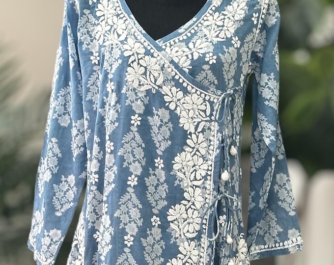 Blue Printed Angarkha Kurta on Pure Malmal Cotton / Free Shipping in US