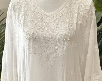White Kaftan on Fine Georgette Hand Embroidered Chikankari / One Size Fits Most / Free Shipping in US