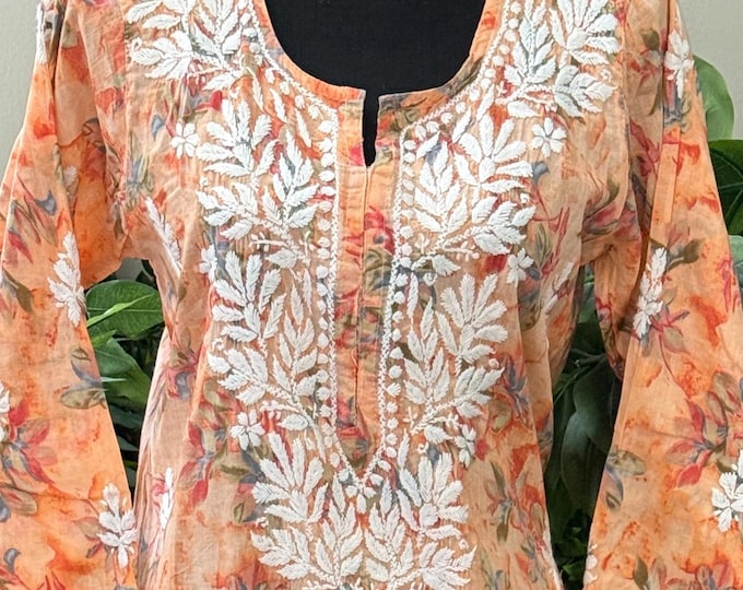 Peach Floral Print Chikankari Kurta / Free Shipping in US