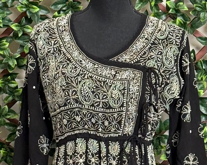 Black Chikankari Fine Georgette Anarkali with Pearls and Sequins / Free Shipping in US