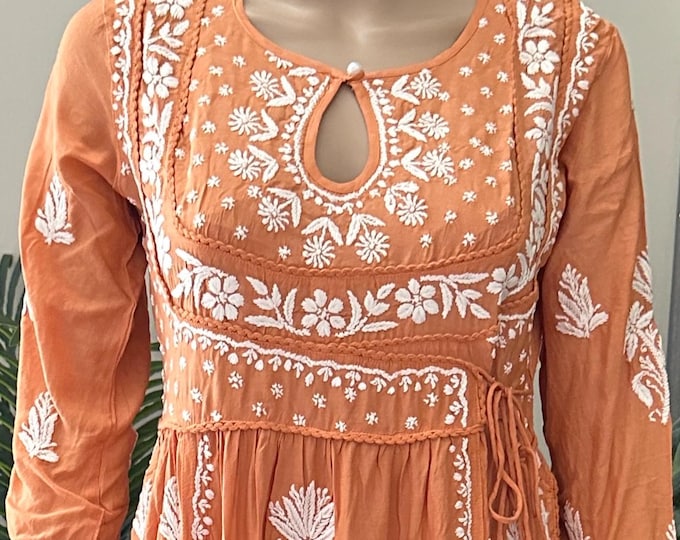 Muslin Chikankari High Slit Kurta  / Orangy Peach / Hand embroidered/ FREE SHIPPING in US