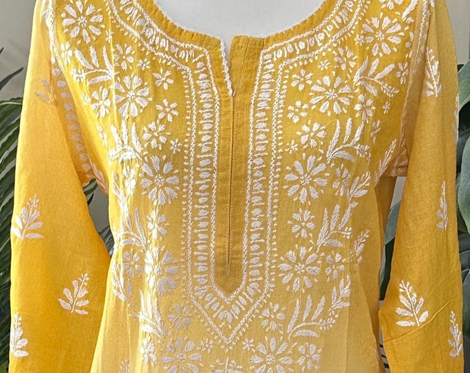 Yellow Printed Chikankari Kurta on Soft Cotton / Free Shipping in US