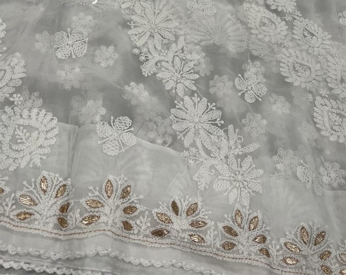Chikankari White Saree with Gota Patti on georgette/ Fall and Petticoat included / Hand Embroidered /Free Shipping in US