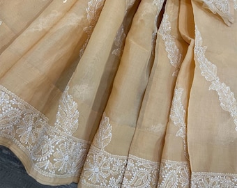 Peach Chikankari Saree on Cotton/ Fall and petticoat included/ Free Shipping