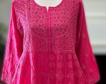 Hot Pink Lucknow Chikankari Pure Chanderi Silk Anarkali / Free Shipping in US
