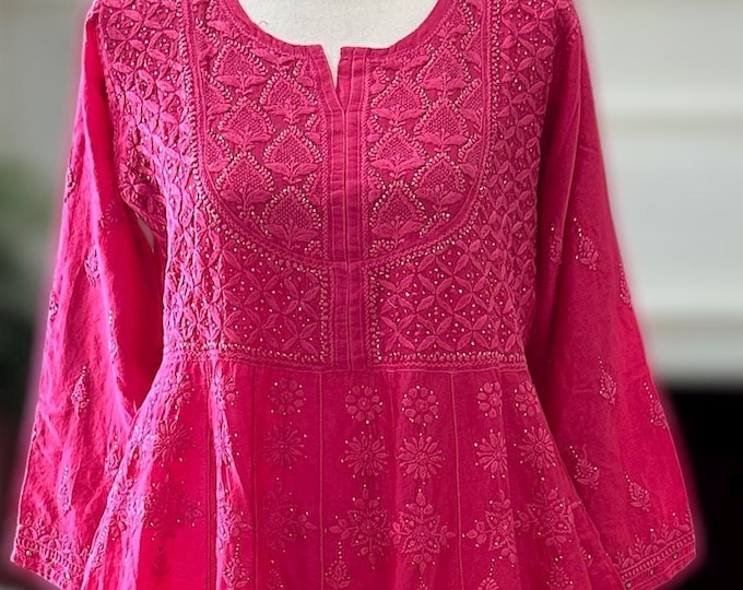 Hot Pink Lucknow Chikankari Pure Chanderi Silk Anarkali / Free Shipping in US