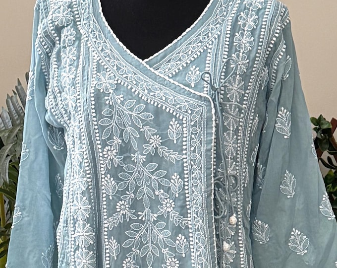 Chikanakri Gray Angarkha Soft Malmal Cotton / Hand Embroidered/ Ships from Ohio