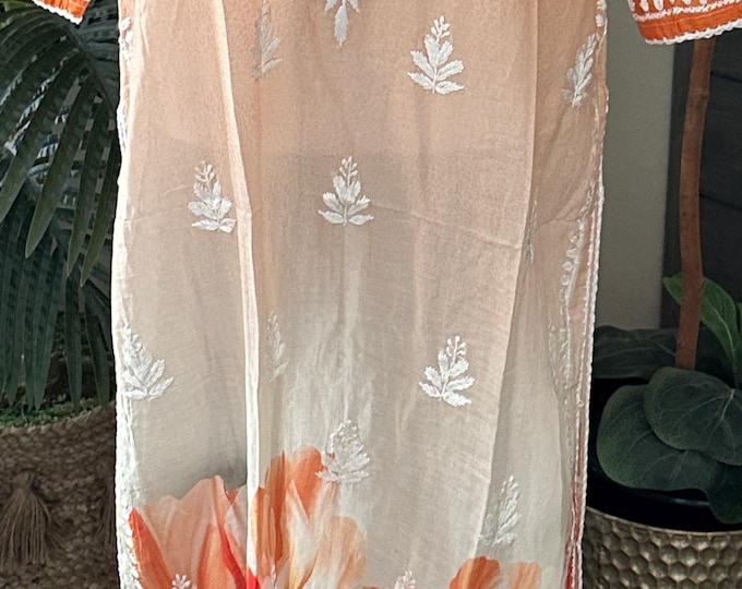 Orange Floral Printed Chikankari Kurta on Soft Cotton / Free Shipping in US