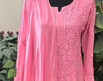 Lucknow Chikankari Pink Kurta and Dupatta Set / Free Shipping in US