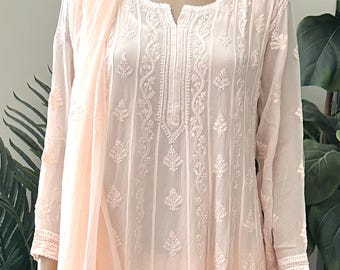 Chikankari Peach Georgette Anarkali with Cutdana and Sequins / 4 Pc Set /Free Shipping in US