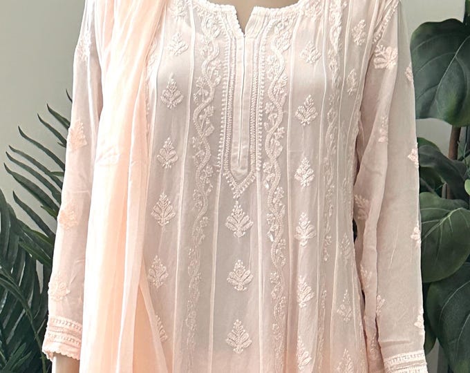 Chikankari Peach Georgette Anarkali with Cutdana and Sequins / 4 Pc Set /Free Shipping in US