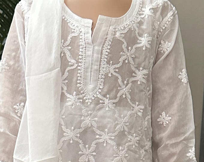 White Chikankari Girls Kurta Pants Set / Soft Sheer Cotton /Free Shipping in US