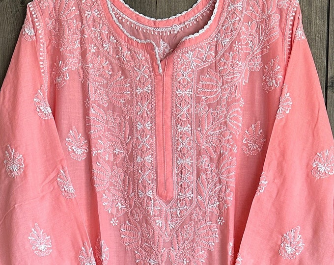 Lucknow Chikankari Coral Peach Kurta Tunic/Soft Cotton / Liner included/Free Shipping in US