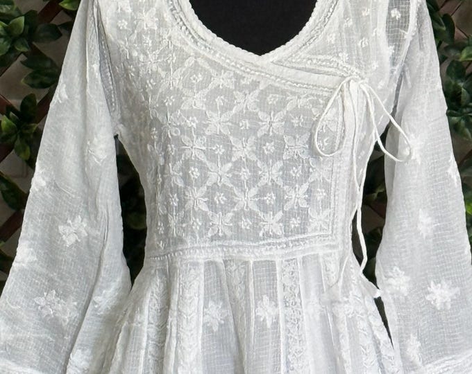 Pure Kota Cotton Chikankari White Angarkha  / Hand Embroidered /FREE SHIPPING in US