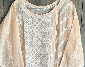 Lucknow Chikankari Peach Kurta /  Soft Malmal Cotton /Free Shipping in US