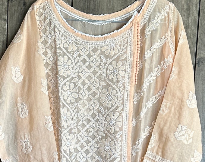 Lucknow Chikankari Peach Kurta /  Soft Malmal Cotton /Free Shipping in US