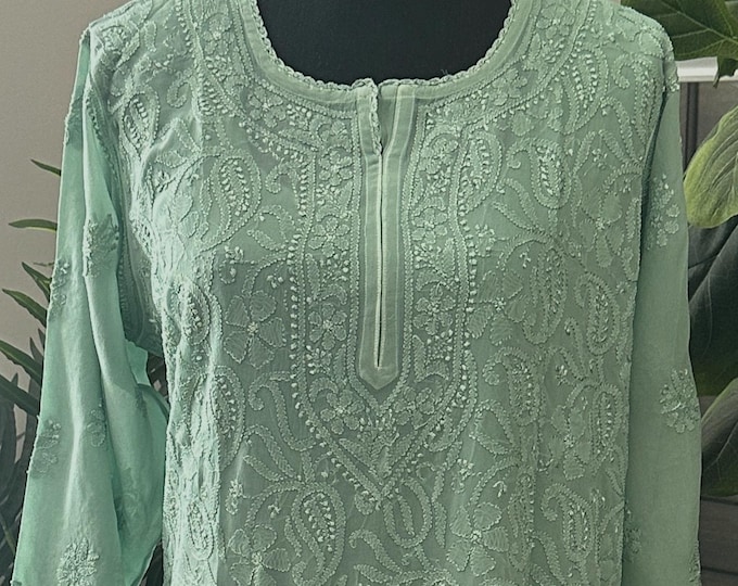 Sage Green Chikankari Kurta on Georgette / Liner included/ Free Shipping in US