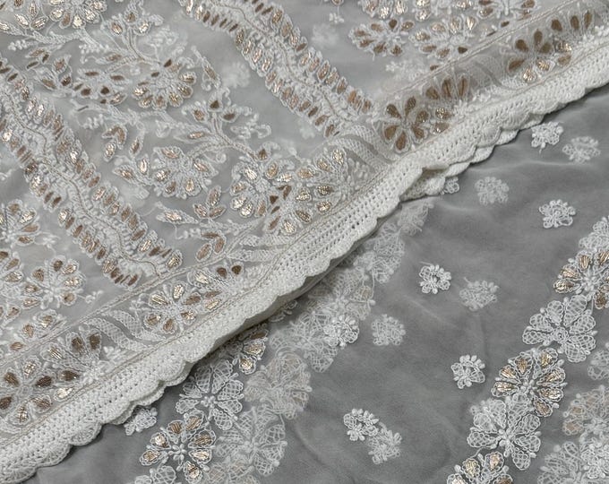 White Chikankari Saree with Gota patti on Georgette/ Hand Embroidered/Free Shipping in US