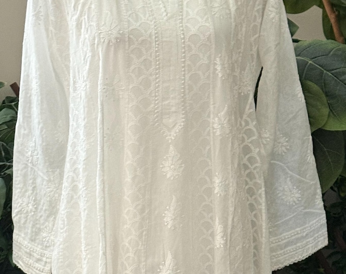 White Chikankari Anarkali on Soft  Cotton / Hand Embroidered /Free Shipping in US