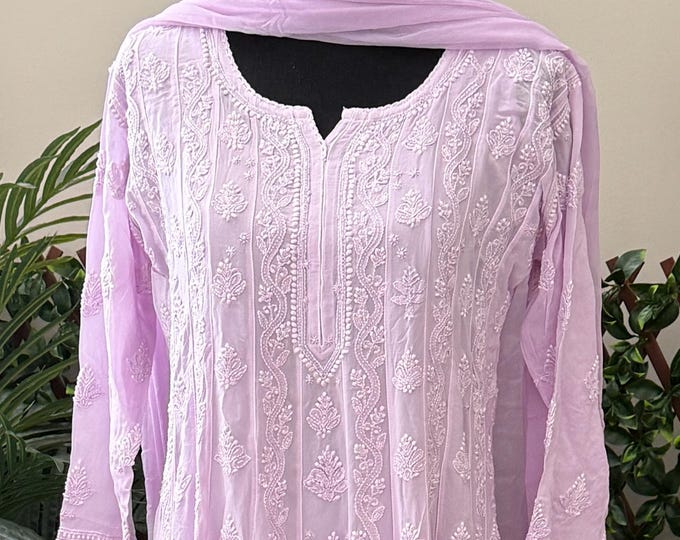 Chikankari Lilac Georgette Anarkali with Cutdana and Sequins /Free Shipping in US