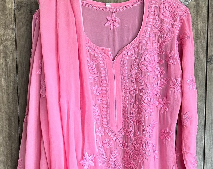 Lucknow Chikankari Pink Kurta and Dupatta Set / Free Shipping in US