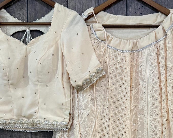 Fine Georgette Ivory Chikankari Lehenga and Choli Set / Ready to wear-Fits waist upto 34 inches/ Free Shipping in US