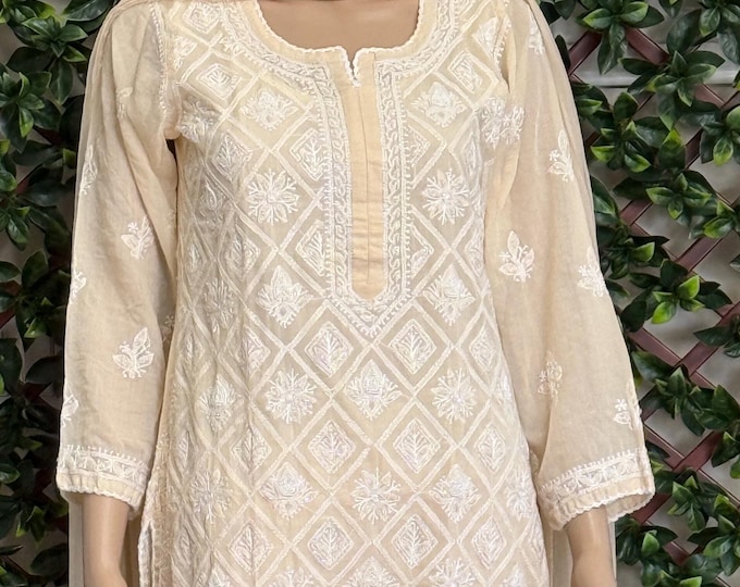 Beige Chikankari Kurta with Cut-dana Add ons / Pants and Dupatta included /Free Shipping in US