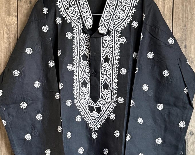 Plus Size Black Kurta for Men  / Chikankari Hand Embroidered / Free Shipping in US