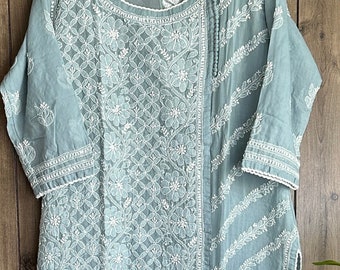 Lucknow Chikankari Blue Gray Kurta /  Soft Malmal Cotton /Free Shipping in US