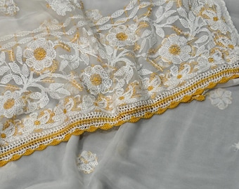 White Chikankari Saree on Georgette /  Hand Embroidered /Free Shipping in US