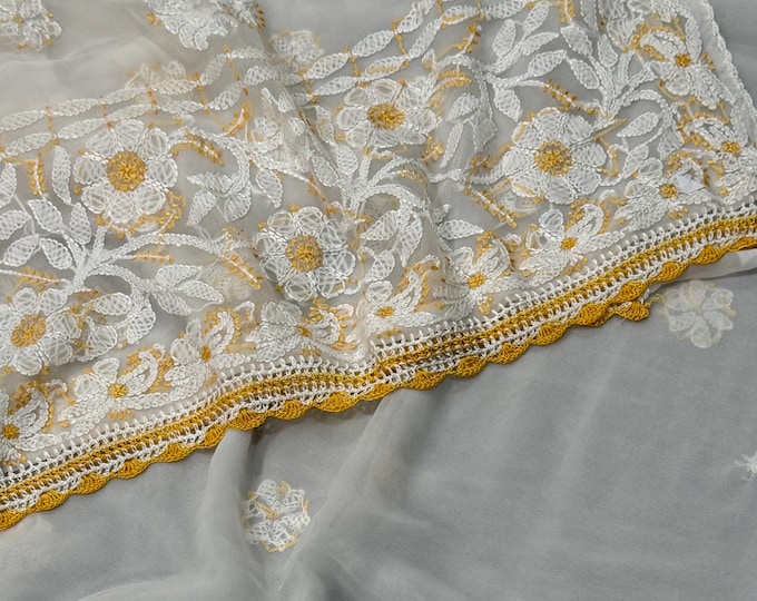 White Chikankari Saree on Georgette /  Hand Embroidered /Free Shipping in US