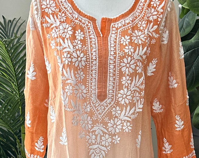 Orange Floral Printed Chikankari Kurta on Soft Cotton / Free Shipping in US