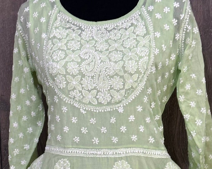 Sage Green Chikankari Anarkali on Soft Cotton / Free Shipping in US
