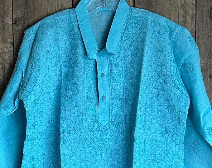 Men's Blue Cotton Chikankari Kurta / Hand Embroidered /Free Shipping in US