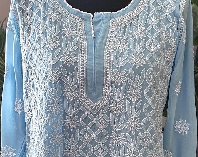 Sky Blue Chikankari Short Kurti Blouse / Georgette with Mukaish / Liner included/ Free Shipping in US